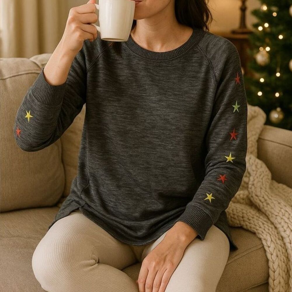 Secret Treasures Womens L Gray Star Sleeve Tunic Sweatshirt Embroidered